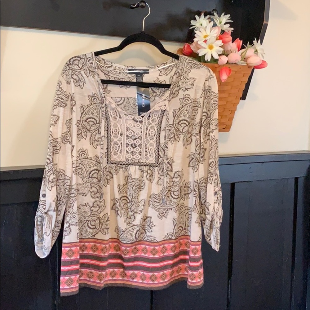 Style & co PXL boho tunic top crochet NWT pink tan
